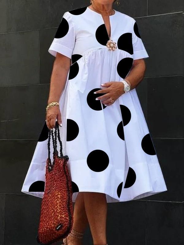 A-Line Short Sleeves Pleated Polka-Dot Printed Split-Joint Round-Neck Midi Dresses Product Image