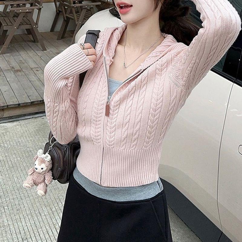 Long Sleeve Plain Cable-Knit Zip-Up Crop Hooded Cardigan Product Image