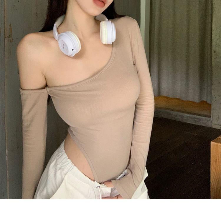 Long-Sleeve Off-Shoulder Plain Bodysuit Top Product Image