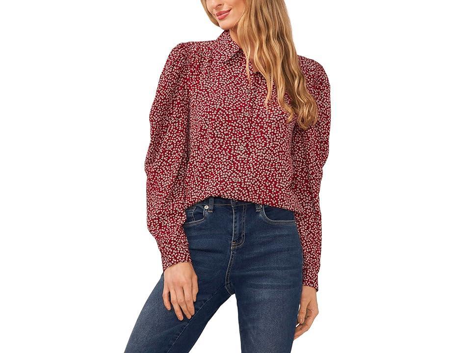 CeCe Long Sleeve Button-Down Floral Blouse with Collar (Mulberry Red) Women's Clothing Product Image