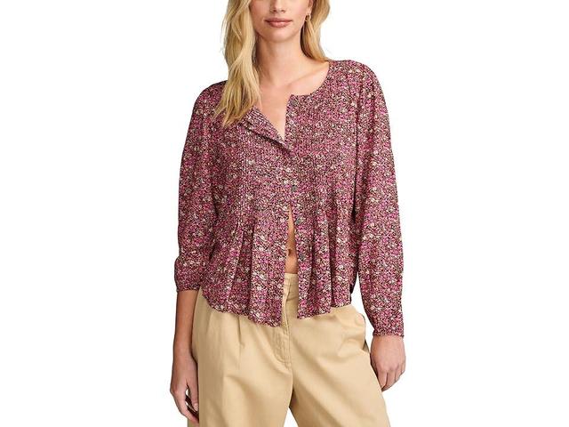 Lucky Brand Printed Button Down Pintuck Top (Rum Raisin) Women's Clothing Product Image