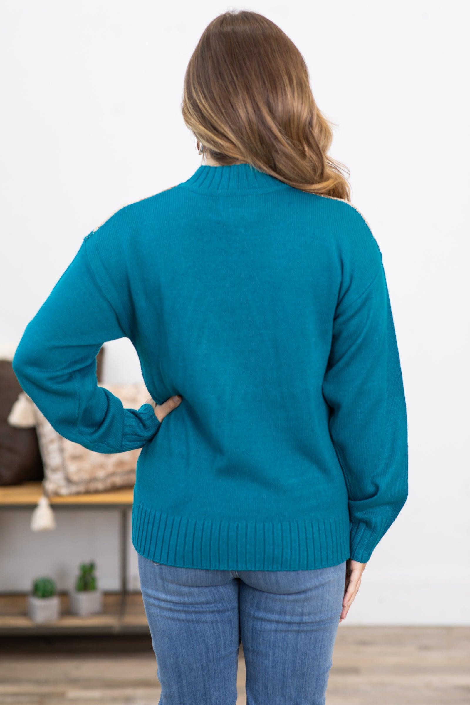 Teal Multicolor Aztec Mock Neck Sweater Product Image