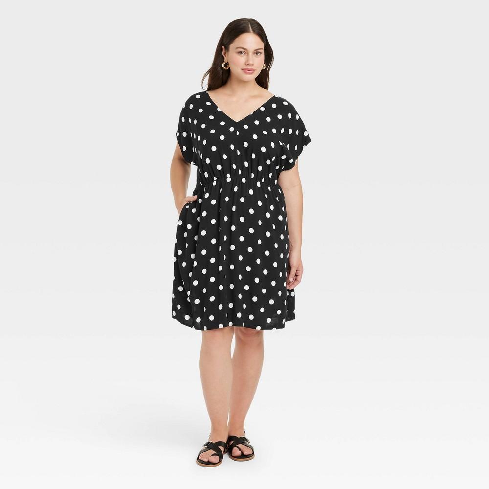 Womens Short Sleeve V-Neck Mini A-Line Dress - Ava & Viv Black Polka Dots 3X Product Image