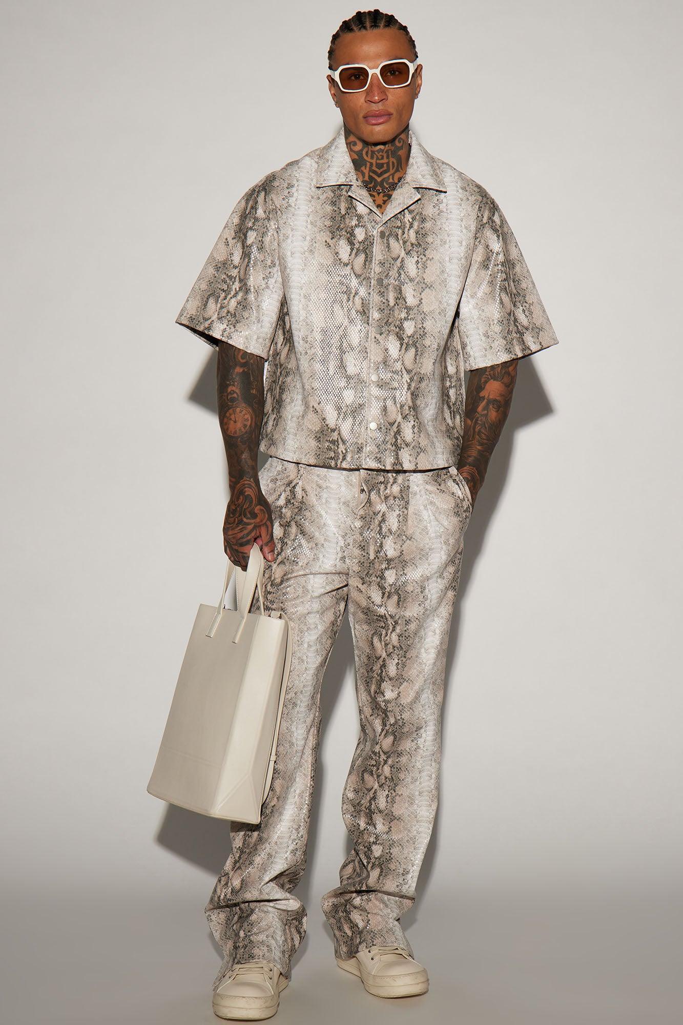 Cage's Faux Python Leather Cropped Button Up Shirt - Cream/combo Product Image