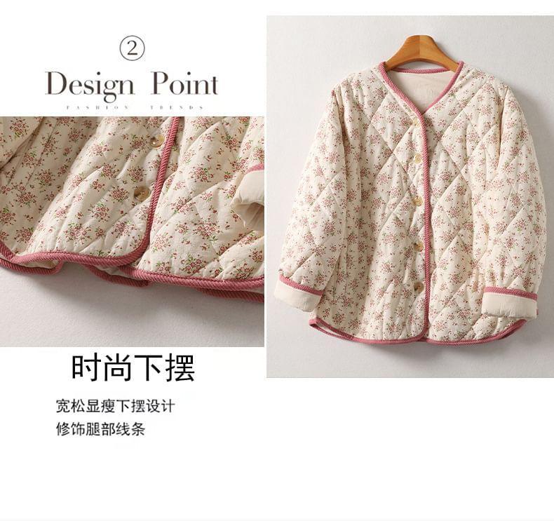 V-Neck Floral Quilted Button Jacket Product Image