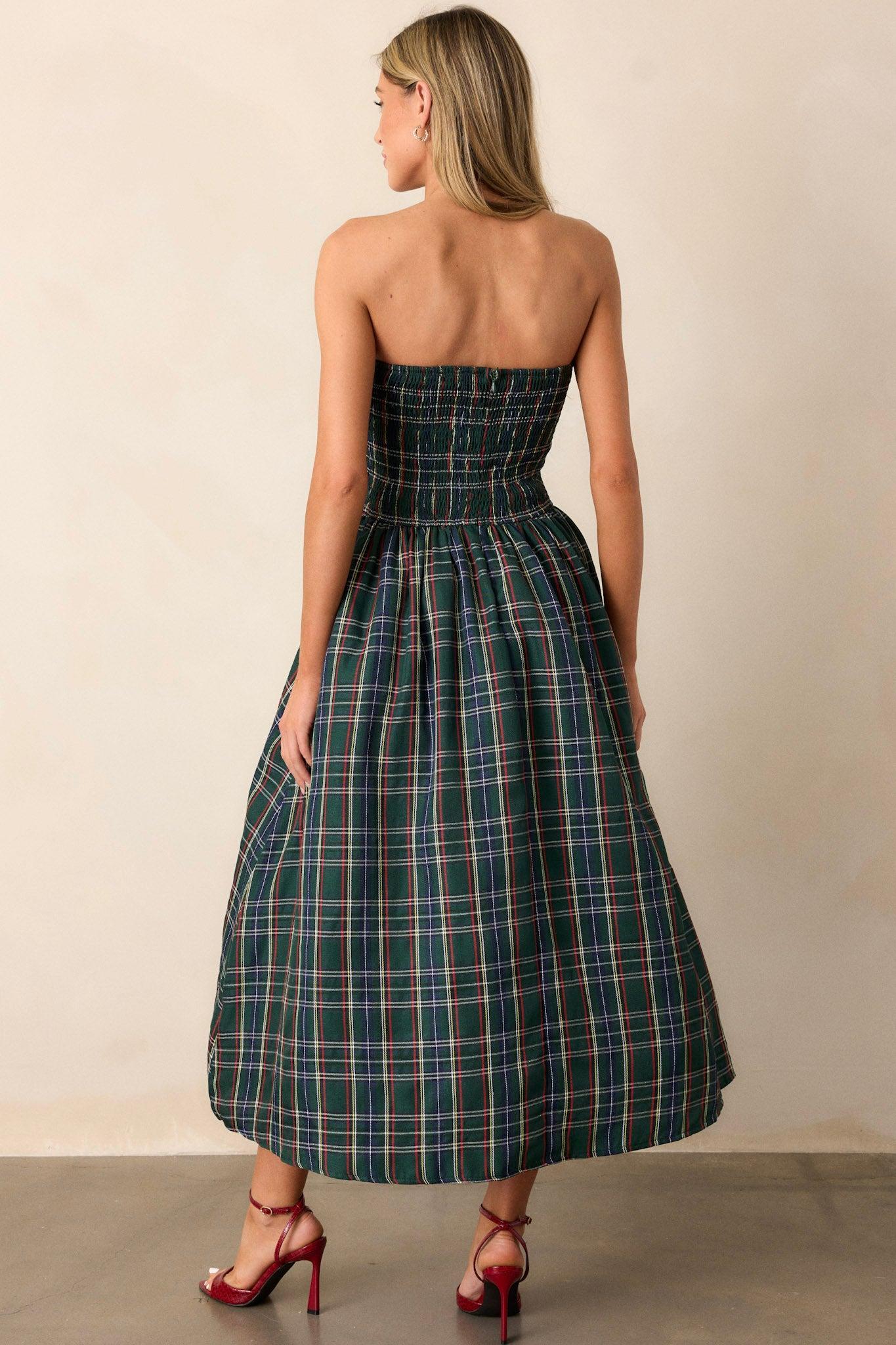 Crystal Dreams Green Plaid Strapless Midi Dress Product Image