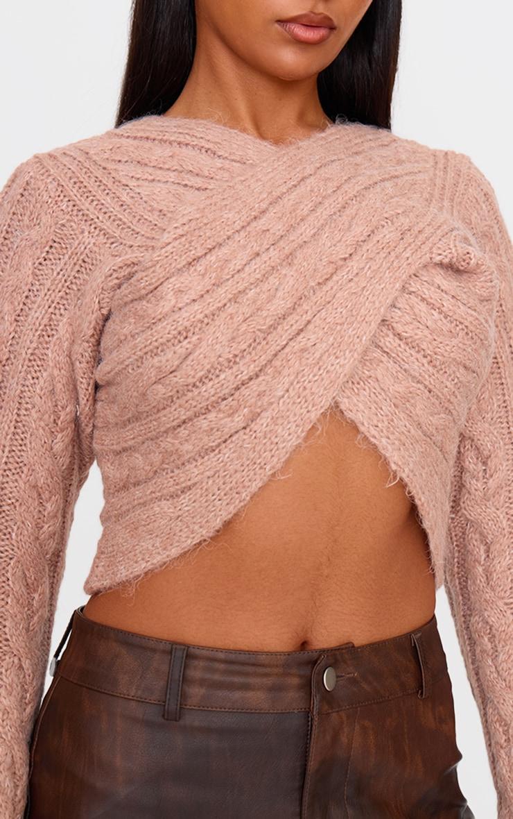 Brown Cable Knitted Wrap Front Cropped Sweater Product Image