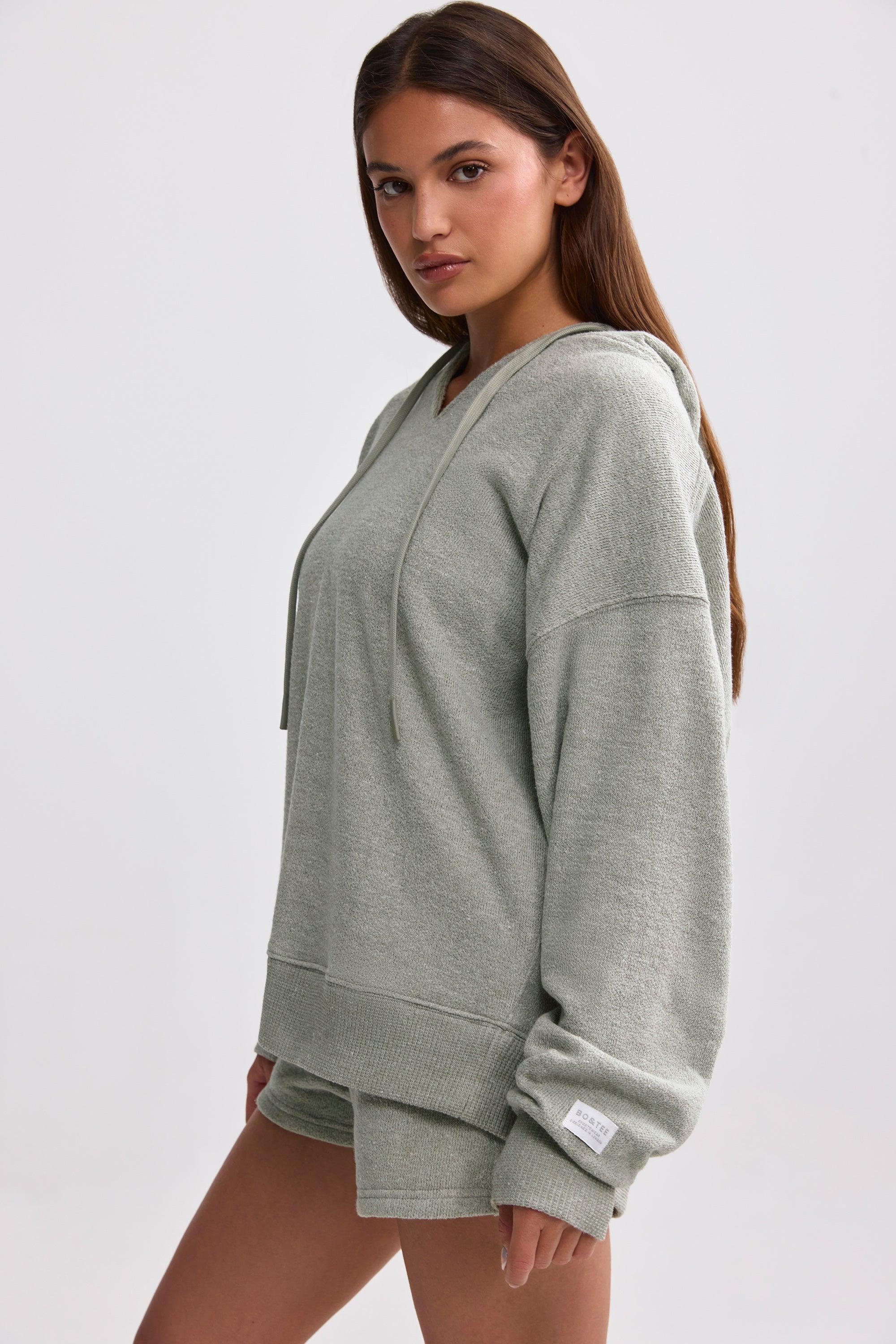 Terry Towelling V-Neck Hoodie in Sage Grey Product Image