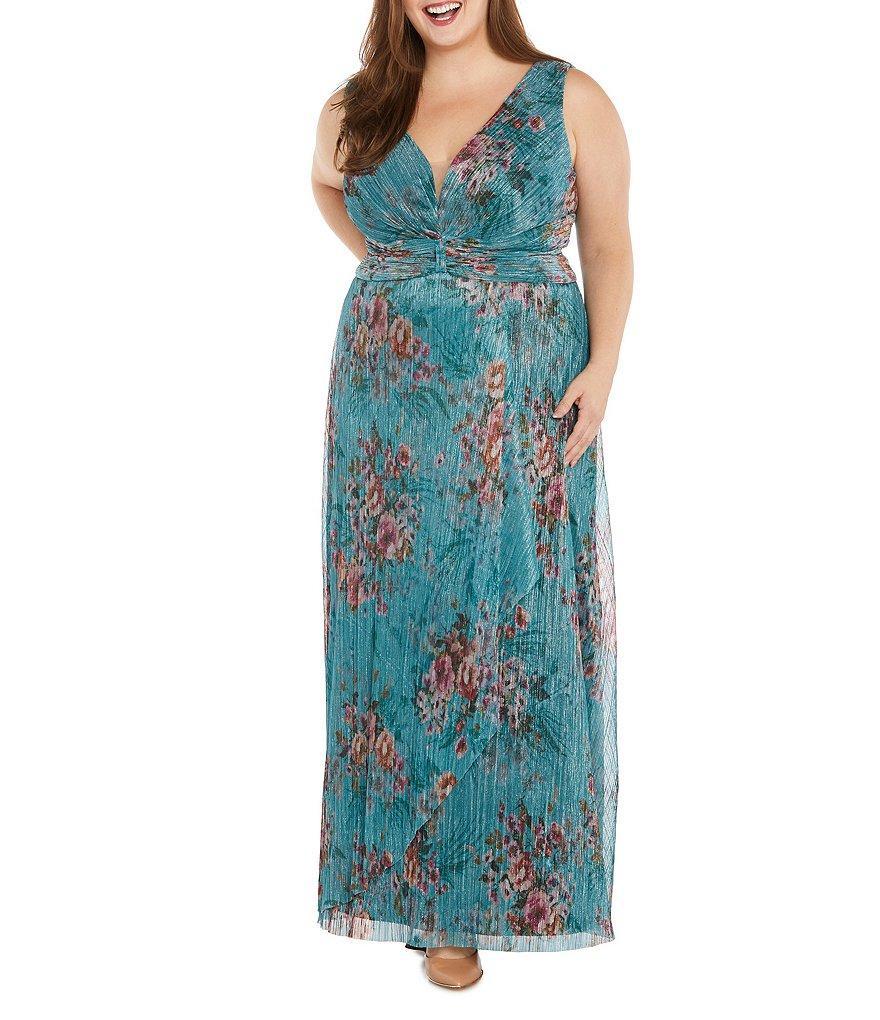 R & M Richards Plus Size Sleeveless V-Neck Ruched Waist Floral Print Gown Product Image