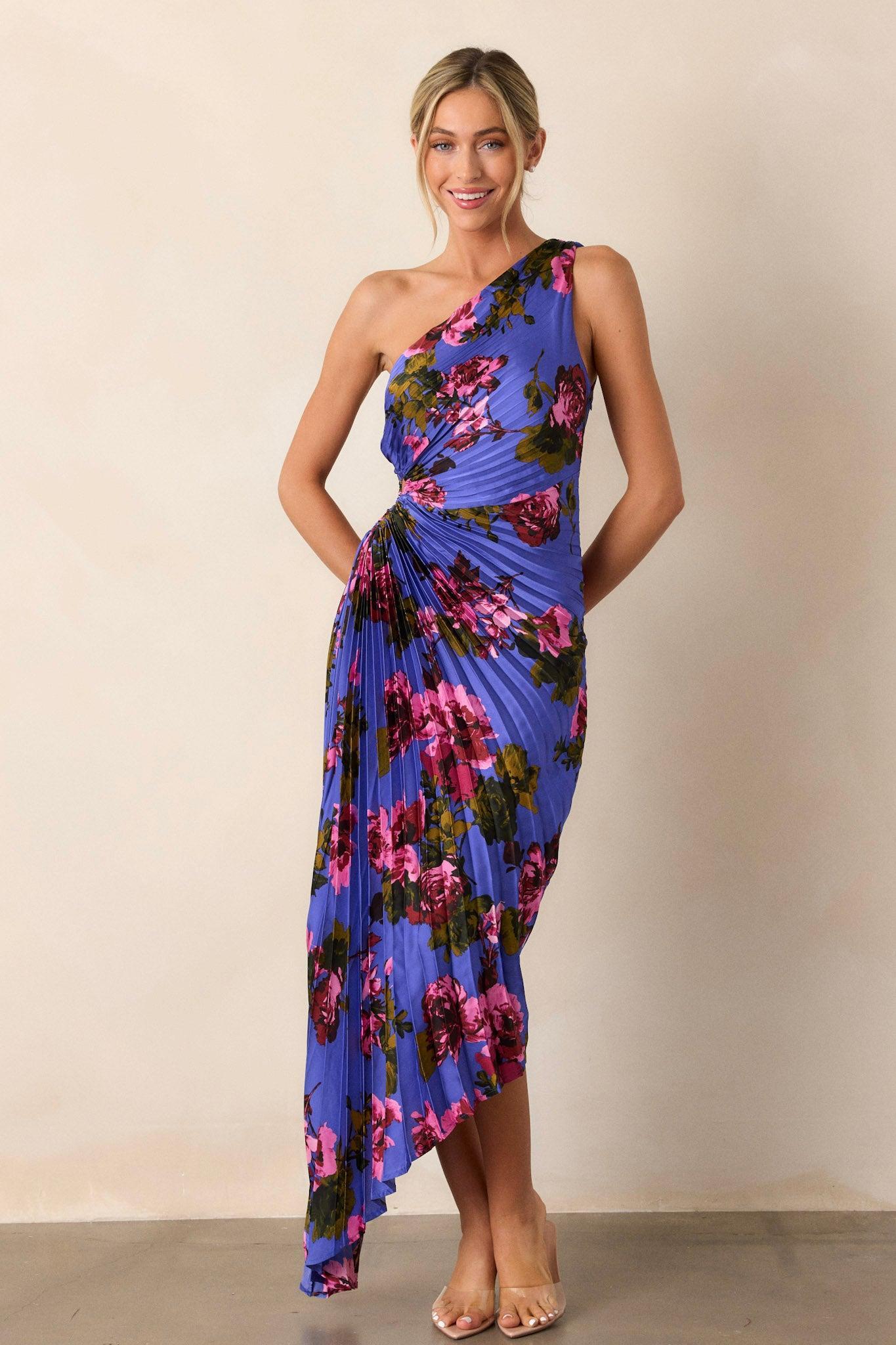 Poetic Charm Violet Floral Asymmetric One Shoulder Maxi Dress Product Image