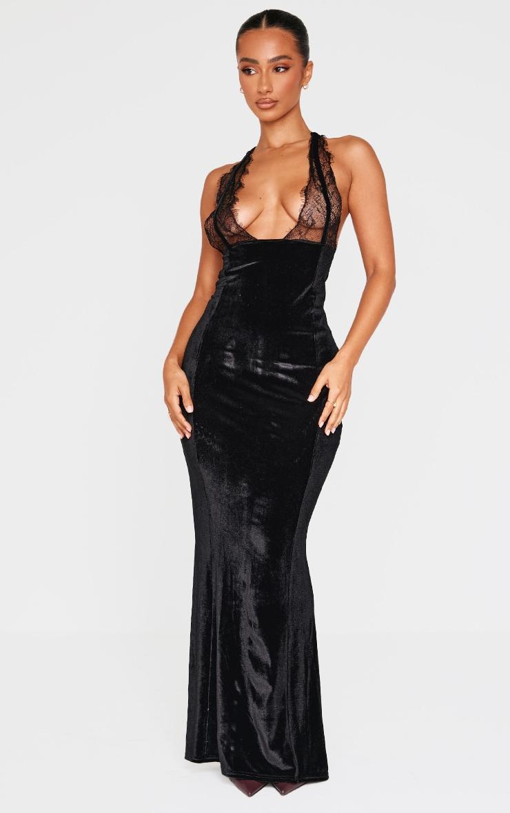 Petite Black Velvet Lace Detail Maxi Dress Product Image