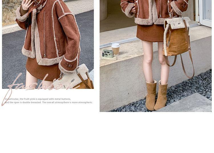 Collared Panel Faux Shearling Zip Jacket Product Image