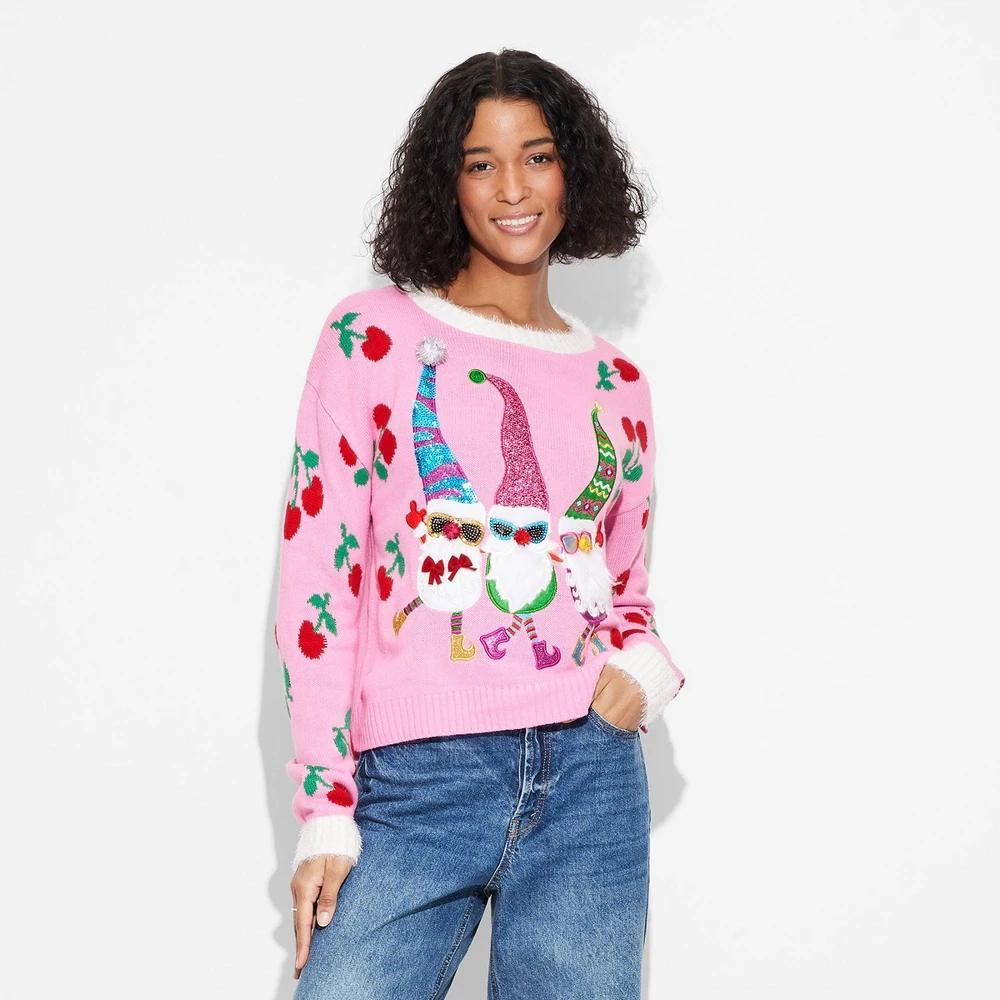 Womens Gnome Cherries Festive Graphic Sweater product image