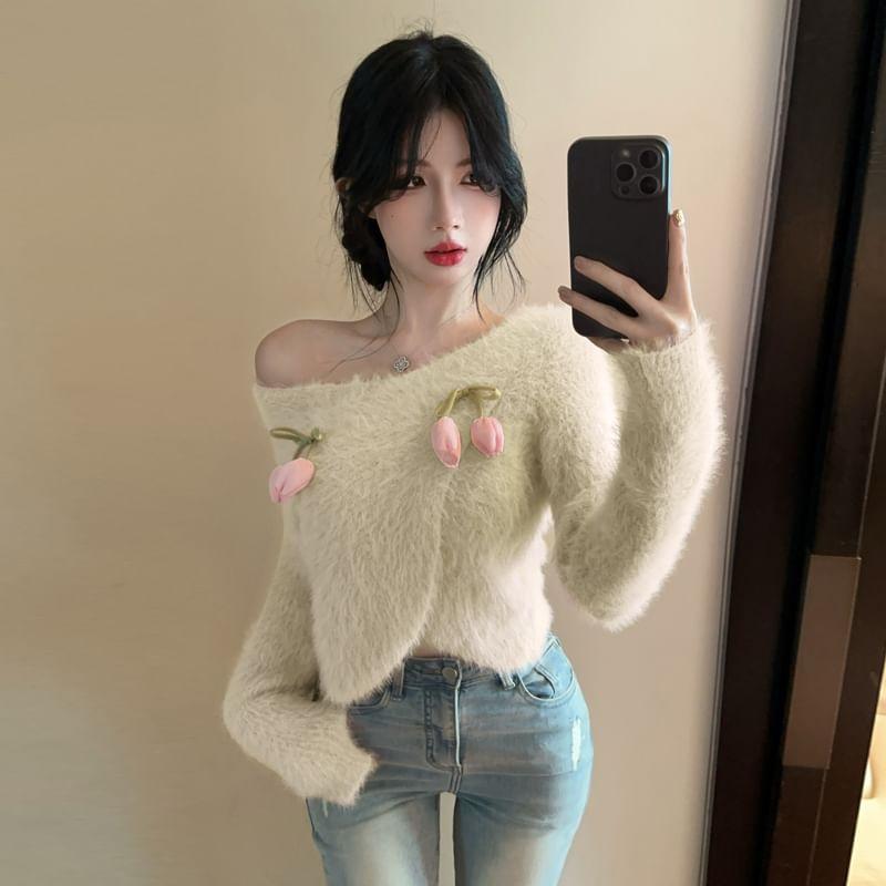 Off Shoulder Flower Detail Crop Sweater Product Image