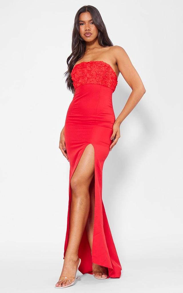 Red Satin Bandeau Rose Detail Split Leg Maxi Dress Product Image