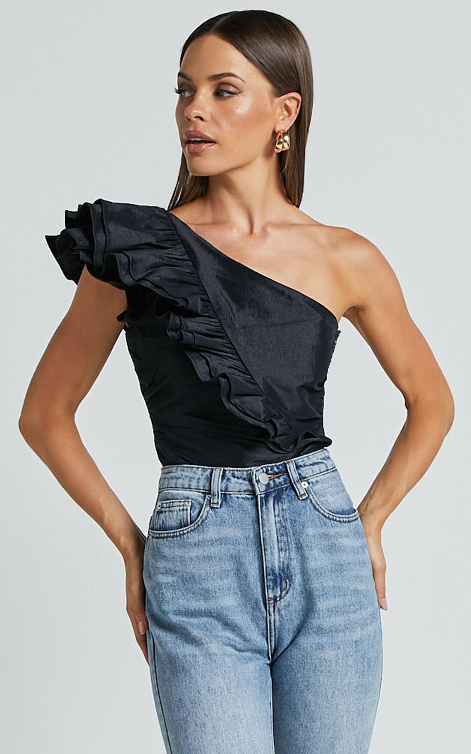 Kirby Top - One Shoulder Frill Top in Black Product Image