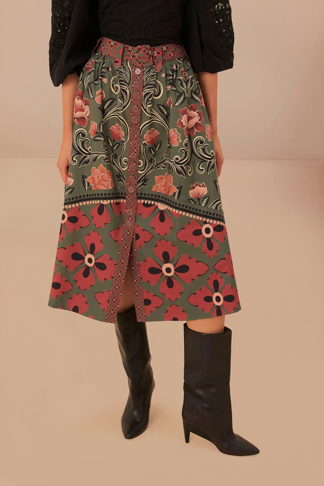 Arabesque Floral Green Buttons Midi Skirt Product Image