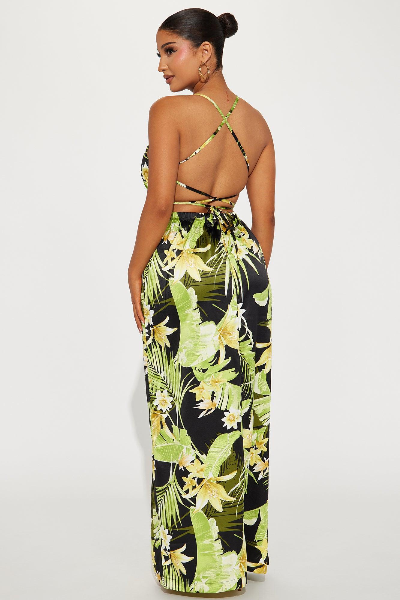 Erin Satin Tropical Maxi Dress - Black Product Image