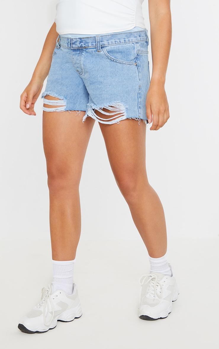 Maternity Blue Belly Band  Light Wash Ripped Denim Shorts Product Image