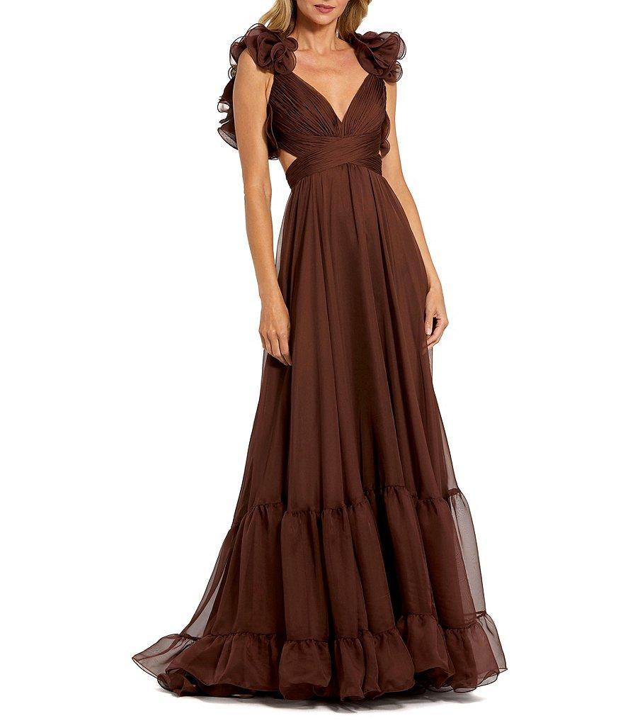 Ieena Mac Duggal Chiffon V-Neck Sleeveless Cut-Out Strappy Back Detail Tiered Ruffle Hem Gown Product Image