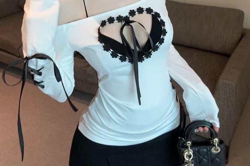 Long Sleeve Off Shoulder Bow Lace Up Heart Cutout Top Product Image