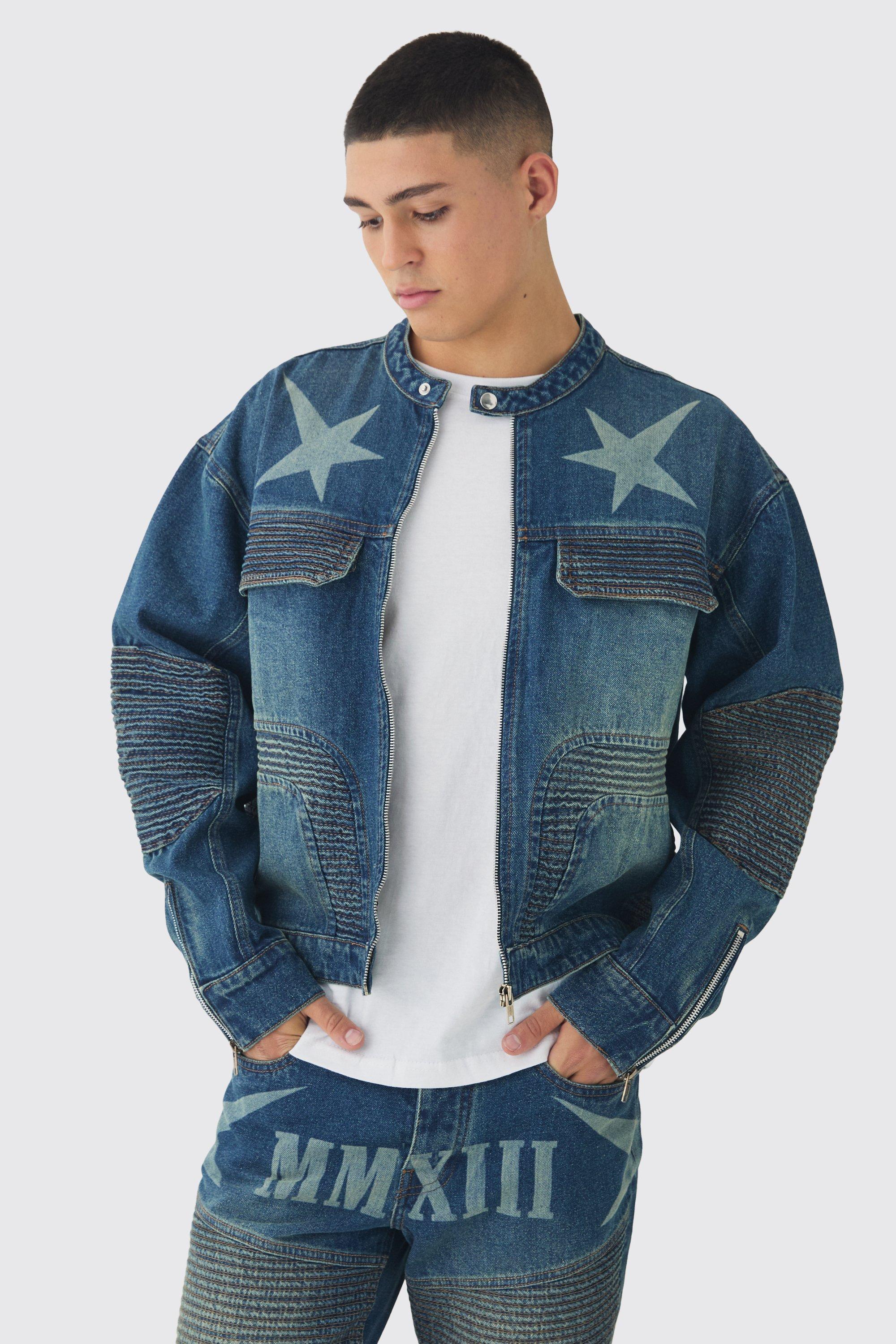 Boxy Denim Moto Star Laser Print Biker Jacket | boohooMAN USA Product Image