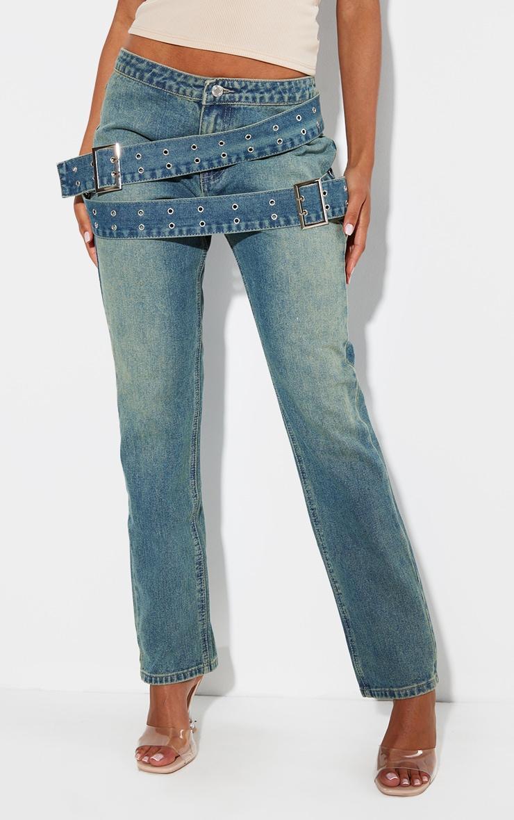 Green Tint Vintage Wash Cross Over Belt Detail Straight Leg Jeans Product Image