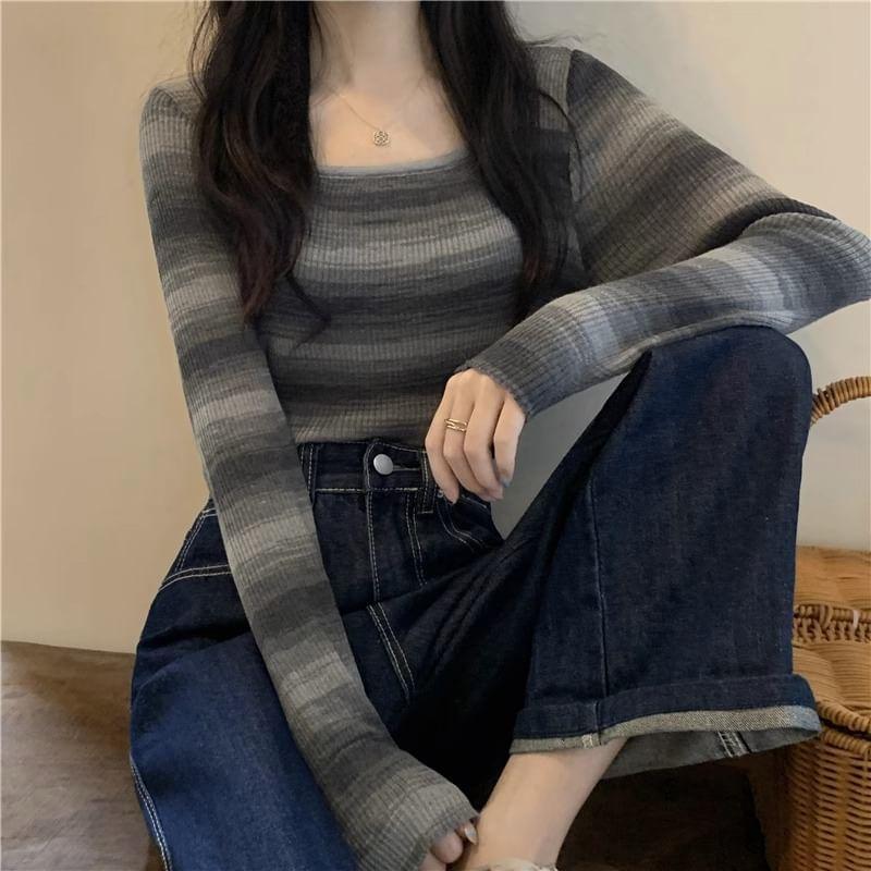 Long-Sleeve Square Neck Color Block Ribbed Knit Top Product Image