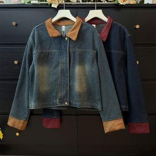 Paneled Contrast-Trim Denim Trucker Jacket Product Image