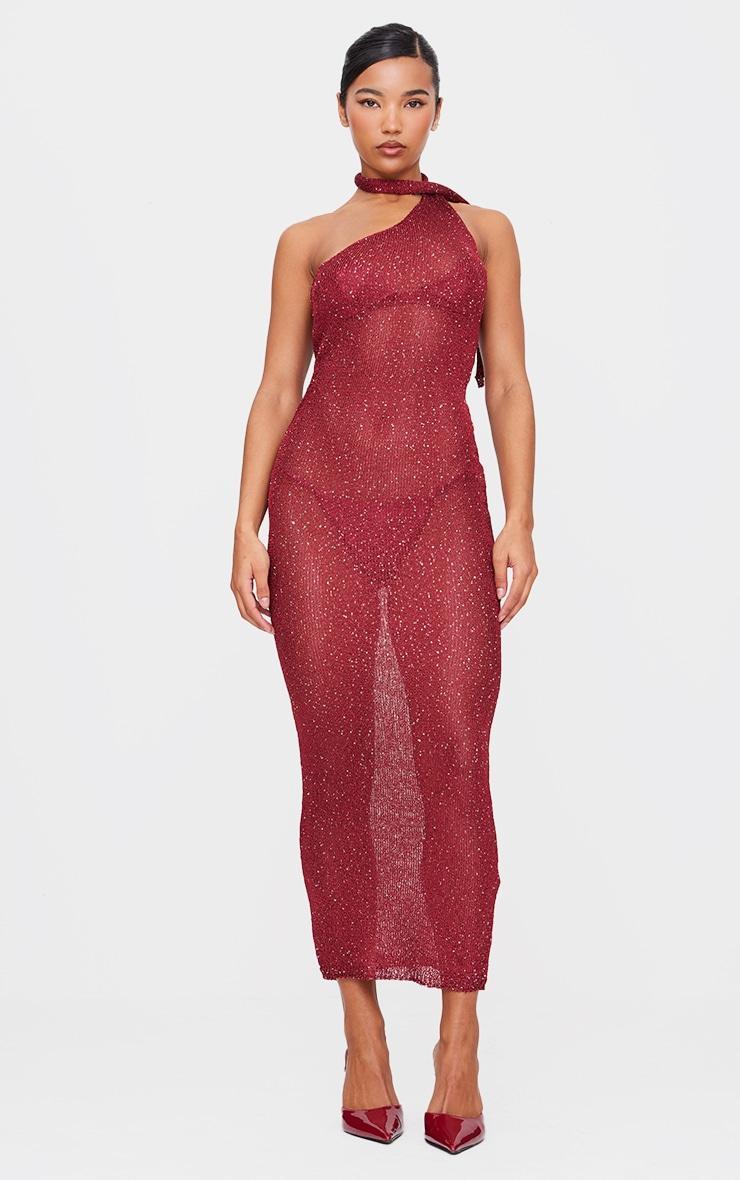 Wine Sequin Knit Tie Neck Maxi Dress Product Image