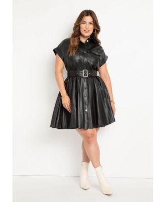 Plus Size Faux Leather Dress With Pleated Skirt Product Image