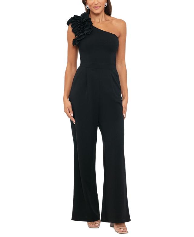 Xscape Womens Ruffled One-Shoulder Straight-Leg Jumpsuit Product Image