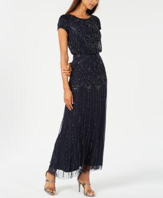 Adrianna Papell Womens Beaded Short-Sleeve Sheer-Overlay Gown Product Image