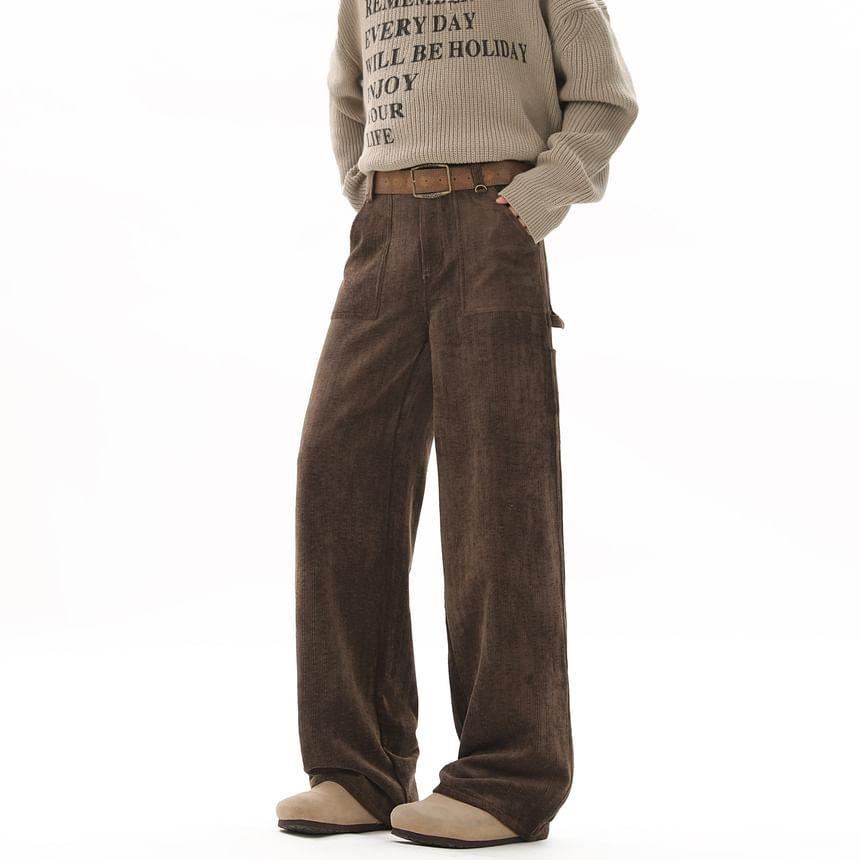 Mid Rise Plain Corduroy Straight Leg Cargo Pants Product Image