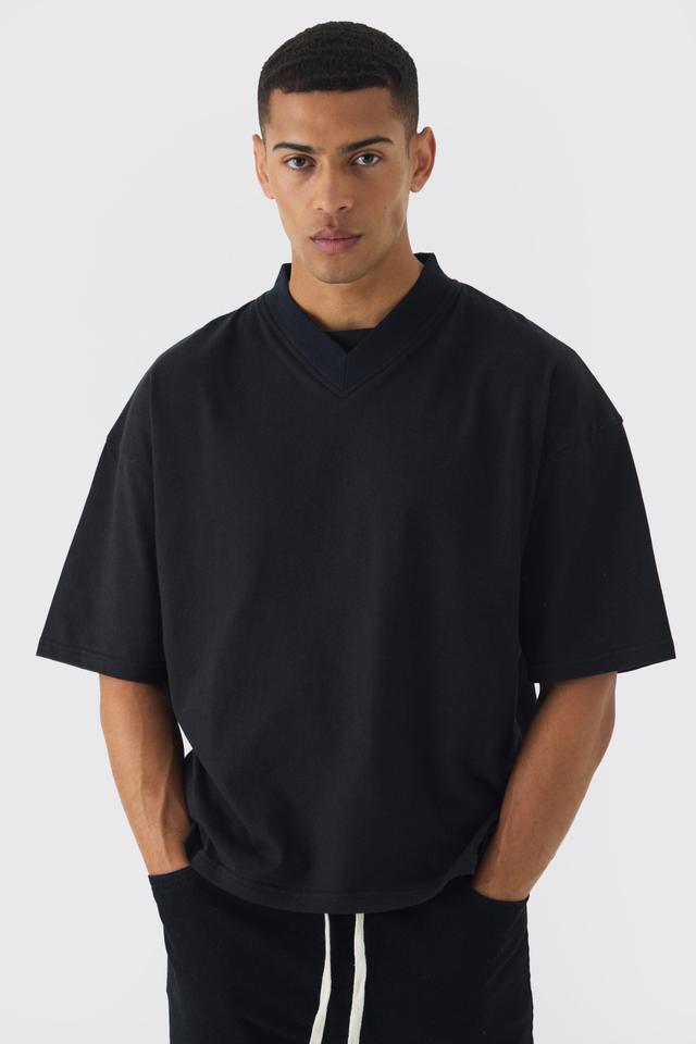 Oversized V Neck Dropped Shoulder Heavyweight Boxy T-shirt | boohooMAN USA Product Image