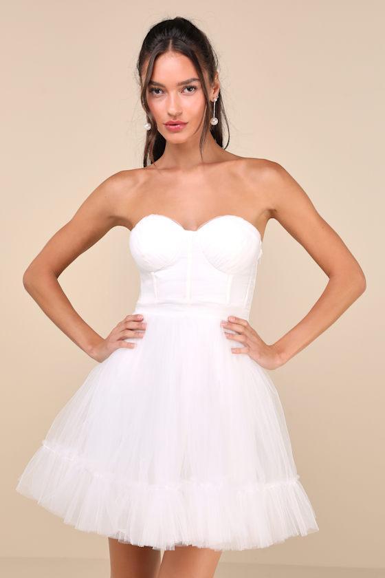 Lovely Flirtation White Tulle Strapless Bustier Mini Dress Product Image