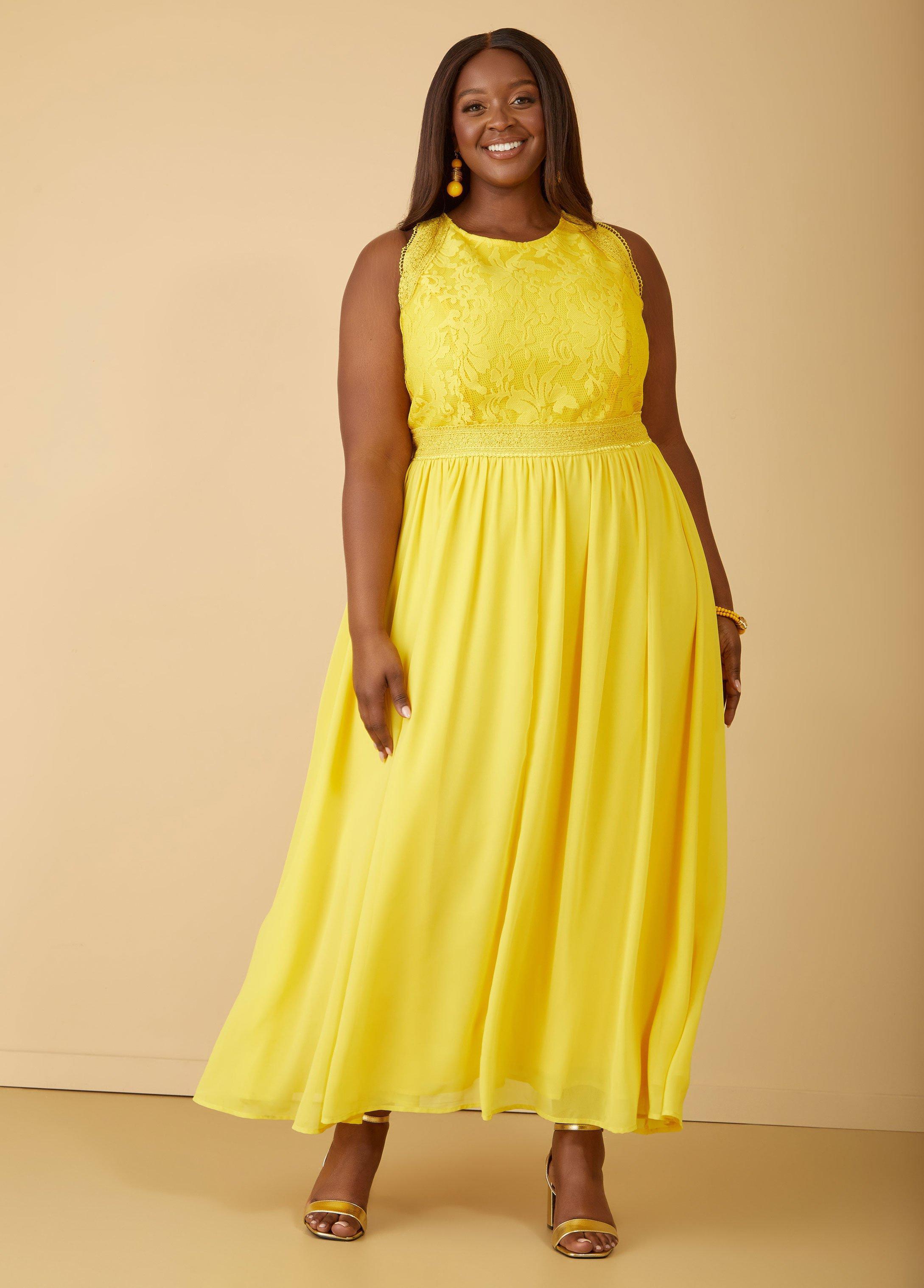 Plus Size Lace Paneled Chiffon Maxi Dress, - Ashley Stewart Product Image