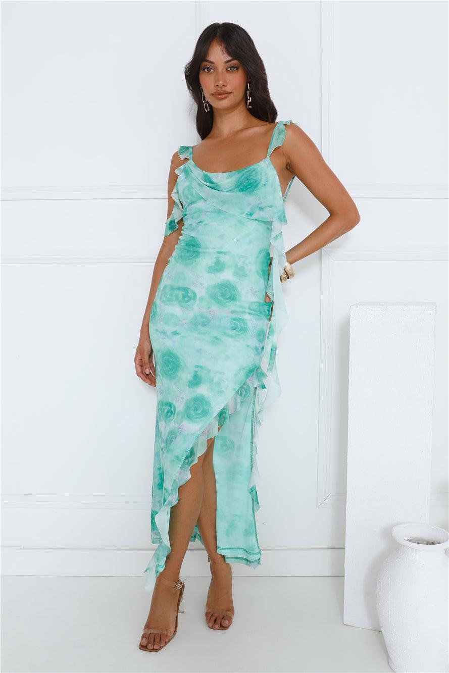 All The Details Mesh Frill Maxi Dress Green Product Image