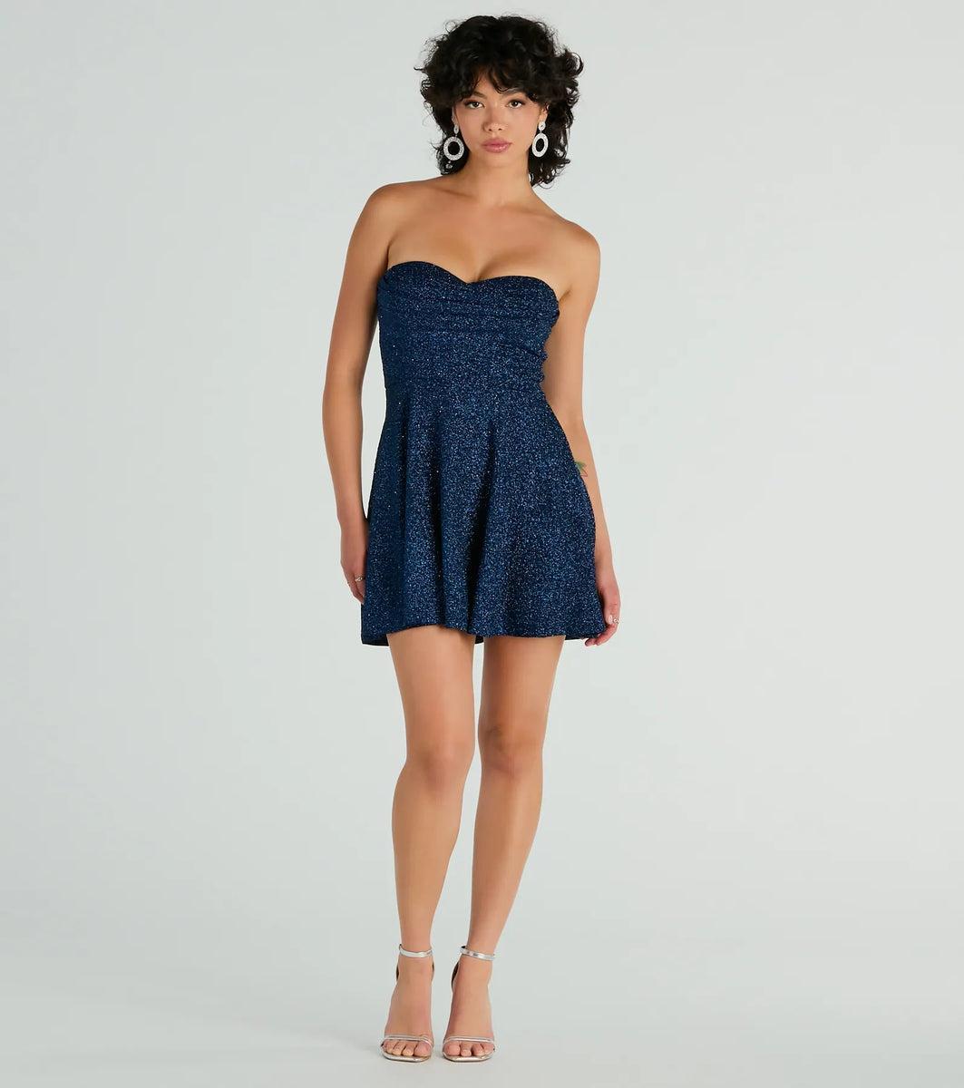 Got Ya Shimmering Strapless Glitter Skater Dress Product Image