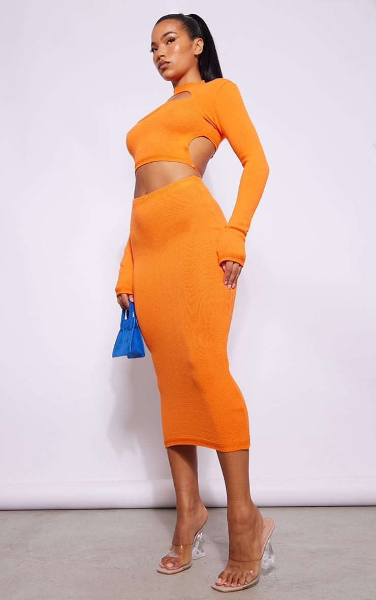 Orange Tie Back Long Sleeve Knit Crop Top Product Image