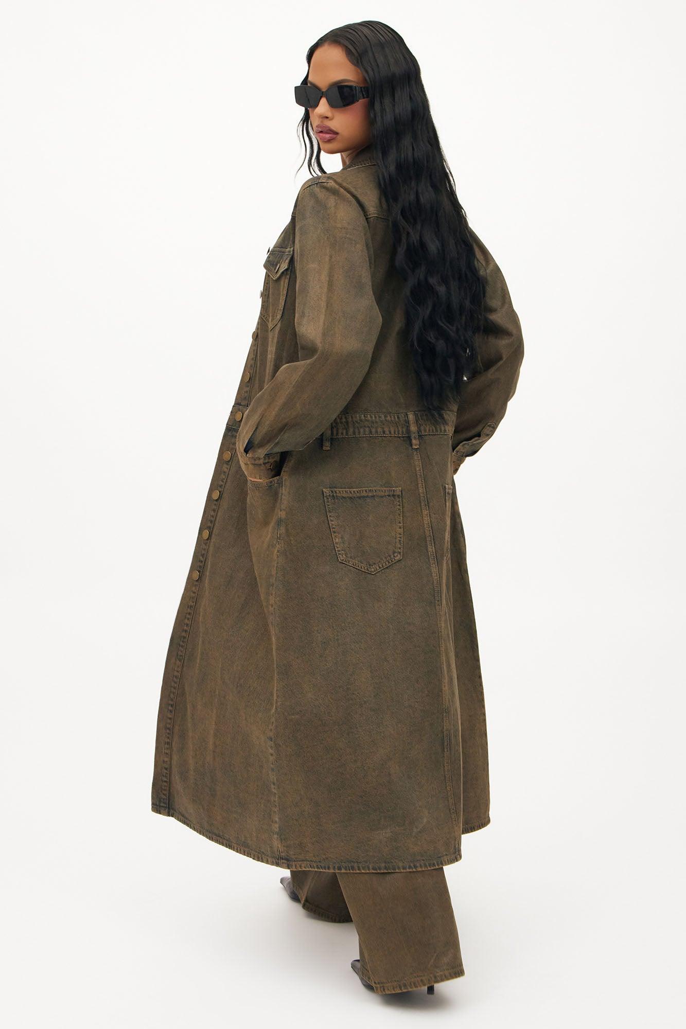 Play It Off Coated Denim Trench Coat - Brown Product Image