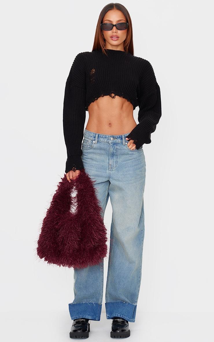 Black Chunky Knit Distressed Hem Crop Sweater Product Image