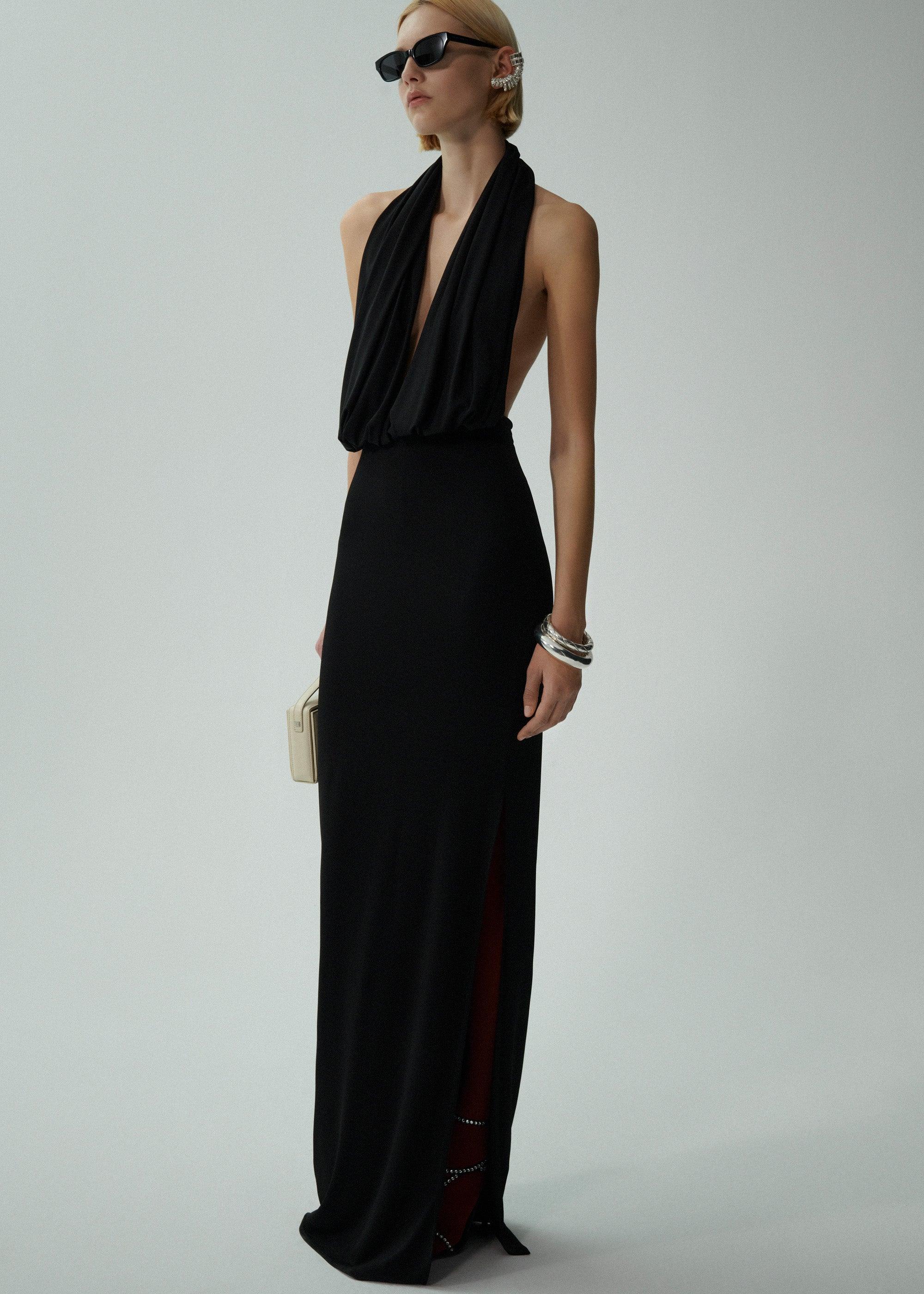 Plunge halter jersey gown in black Product Image