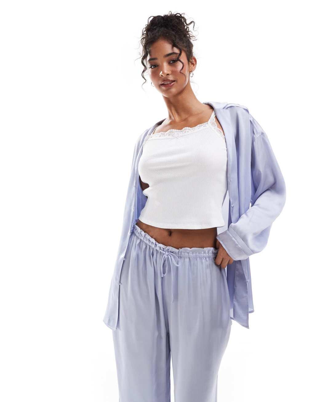 Free People wide leg satin pajama set in light blue Product Image