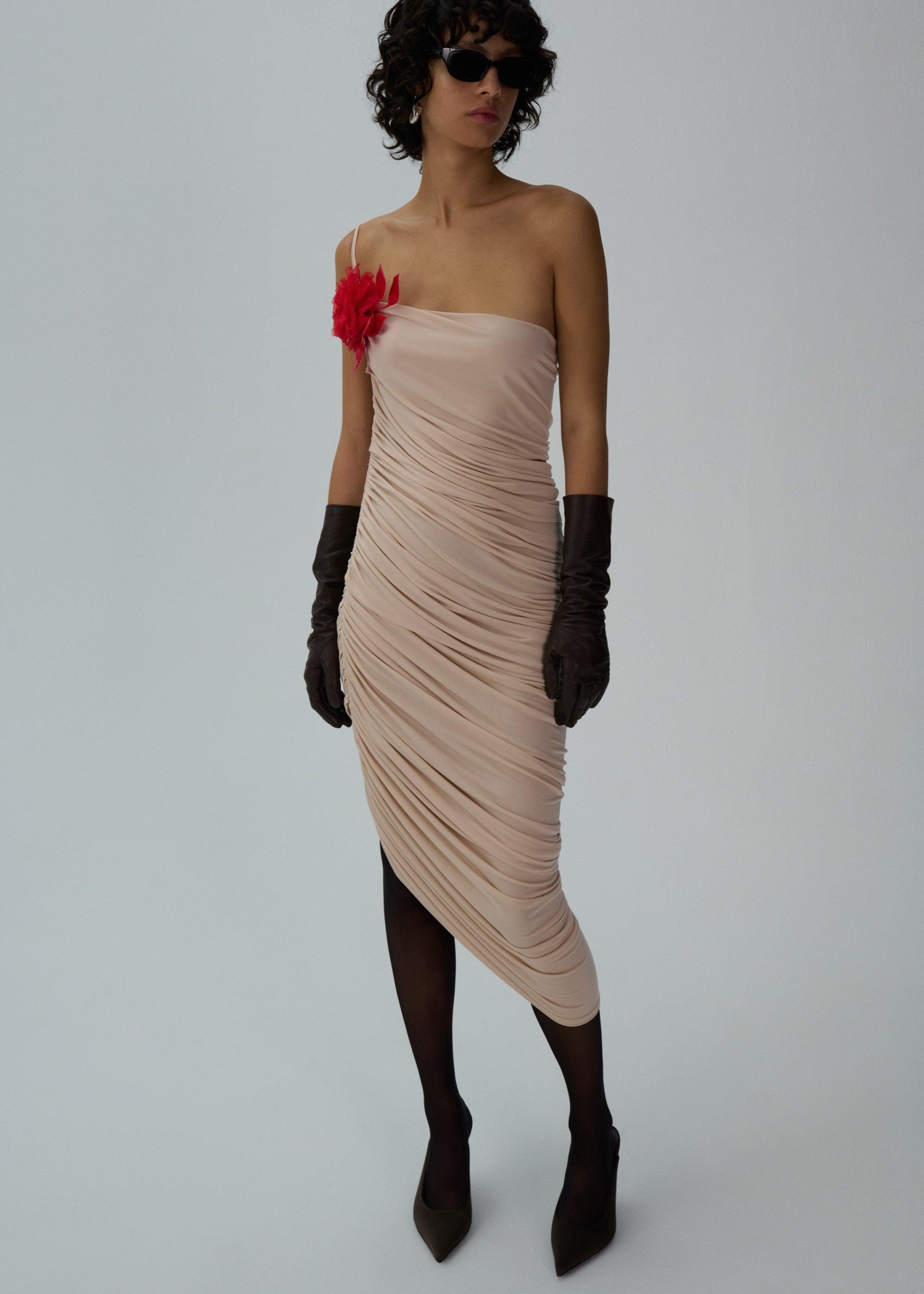 One-shoulder rose-embellished dress in beige Product Image