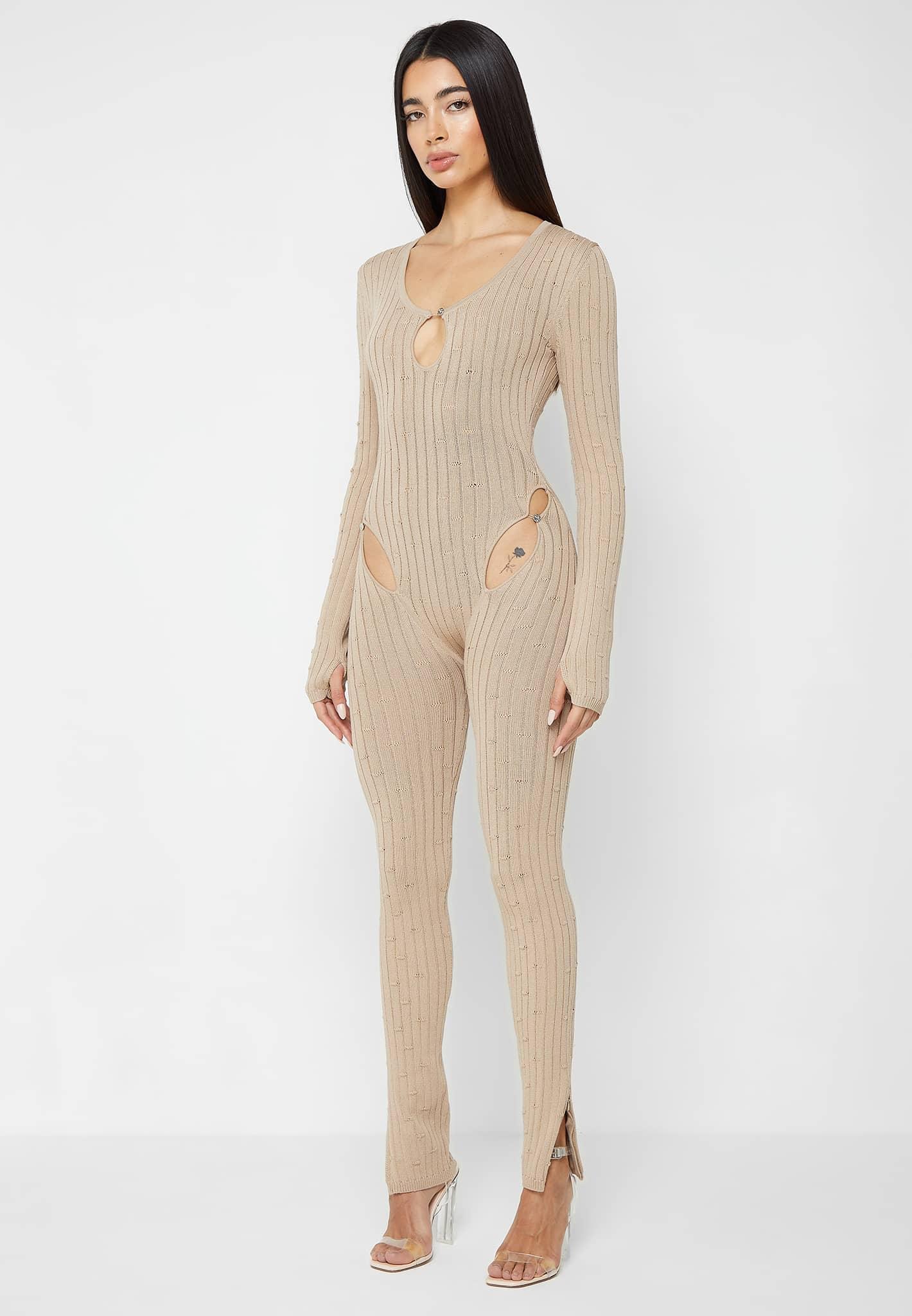 Distressed Knitted Cut Out Jumpsuit - Taupe Female Product Image