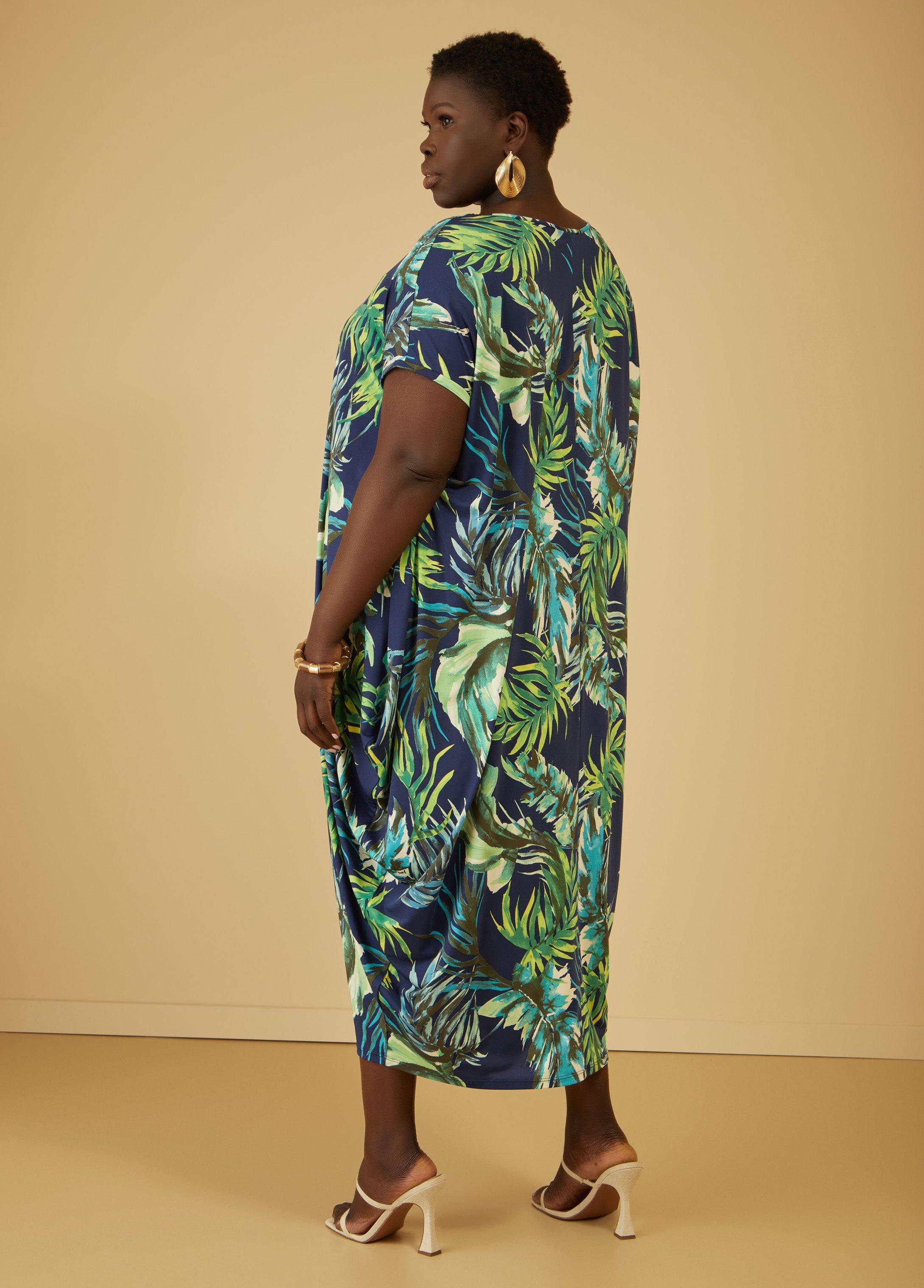 Plus Size Palm Print Draped Maxi Dress Ashley Stewart Product Image