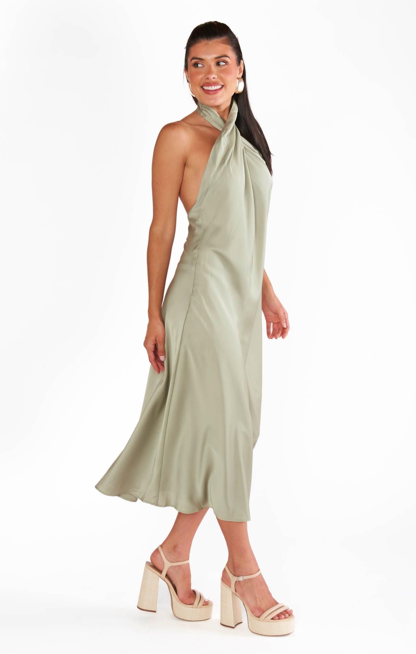 Jasmine Halter Midi Dress ~ Moss Green Luxe Satin Product Image