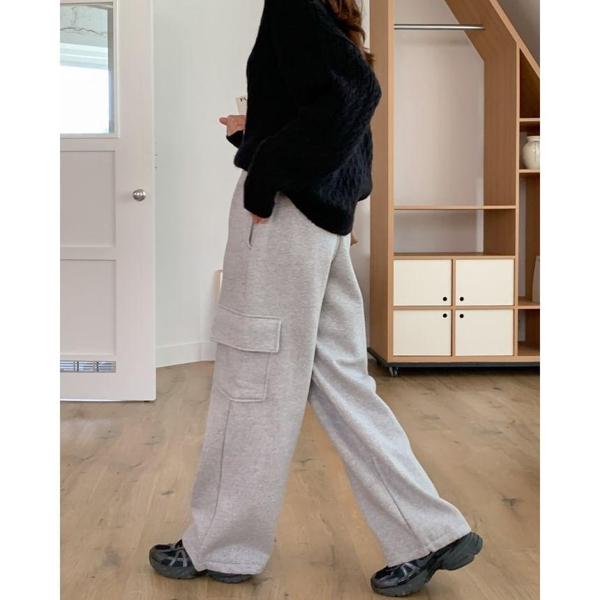 Drawstring Waist Plain Fleece-Lined Wide Leg Cargo Sweatpants Product Image