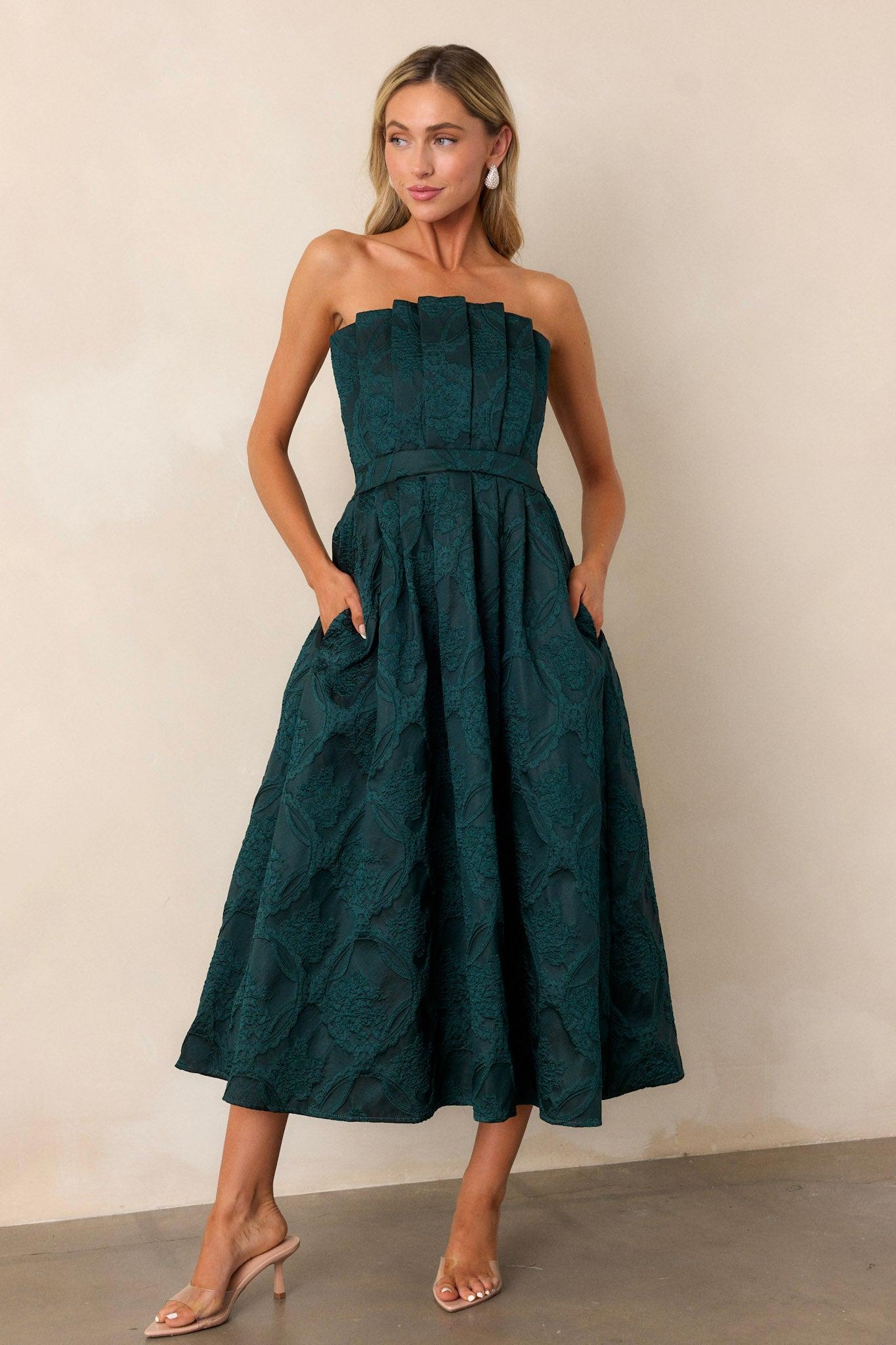 Moonstone Dreams Hunter Green Floral Jacquard Midi Dress Product Image